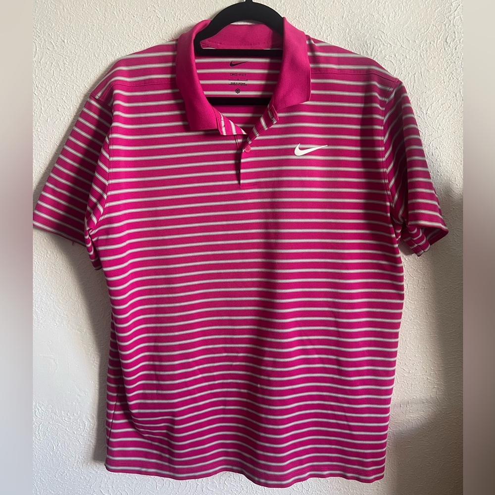 Nike Men's Golf Polo Shirt in Pink and White Stripes